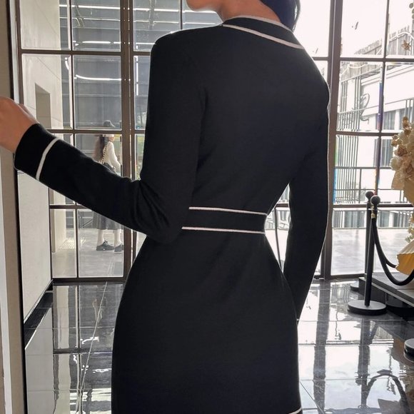 Black Preppy Womens Contrast Piping Belted Sweater Dress - Picture 2 of 5